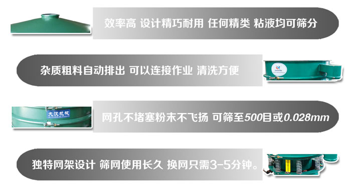 直徑1000mm振動(dòng)篩的特點(diǎn)：效率高，設(shè)計(jì)精巧耐用，任何精類，粘液均可篩分，雜質(zhì)粗料自動(dòng)排出，可以連接作業(yè)，清洗方便。網(wǎng)孔不堵塞粉末不飛揚(yáng)，可篩至500目或0。028mm篩網(wǎng)使用長(zhǎng)久，換網(wǎng)只需3-5分鐘。