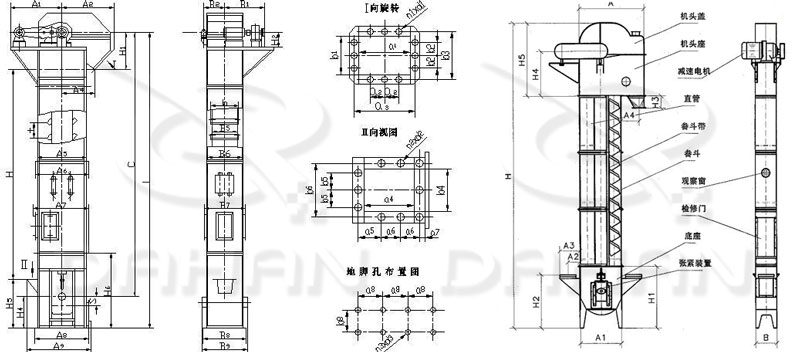 TD/D型斗式提升機(jī)基本結(jié)構(gòu):機(jī)頭蓋，機(jī)頭座，減速電機(jī)，直管，底座，緊張裝置等。