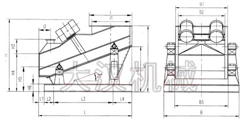 ZSG礦用振動篩外形示意圖：B為礦用振動篩寬度，L為礦用振動篩長度。H為礦用振動篩高度等。