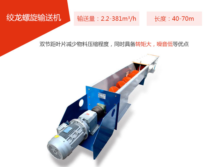 絞龍螺旋輸送機(jī)輸送量：2.2-381m3/h 長(zhǎng)度：40-70m 雙節(jié)距葉片減少物料壓縮程度，同時(shí)具備轉(zhuǎn)矩大，噪音低等優(yōu)點(diǎn)。