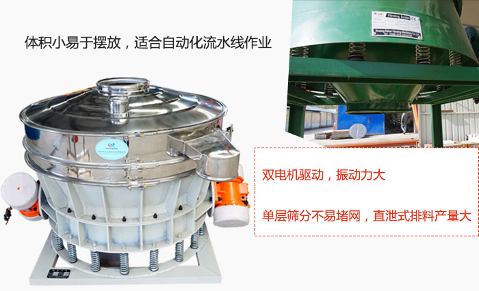 雙電機(jī)驅(qū)動，振動力大，單層篩分不易堵網(wǎng)，直泄式排料產(chǎn)量大