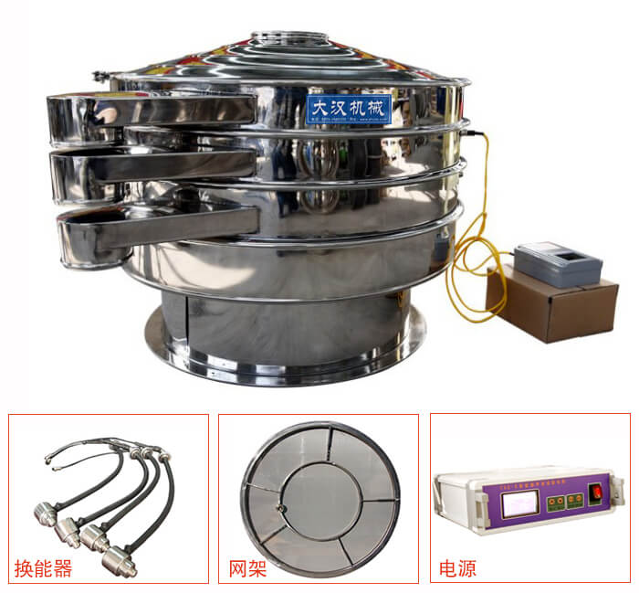  全不銹鋼超聲波振動篩內部組成：換能器，網架，電源。